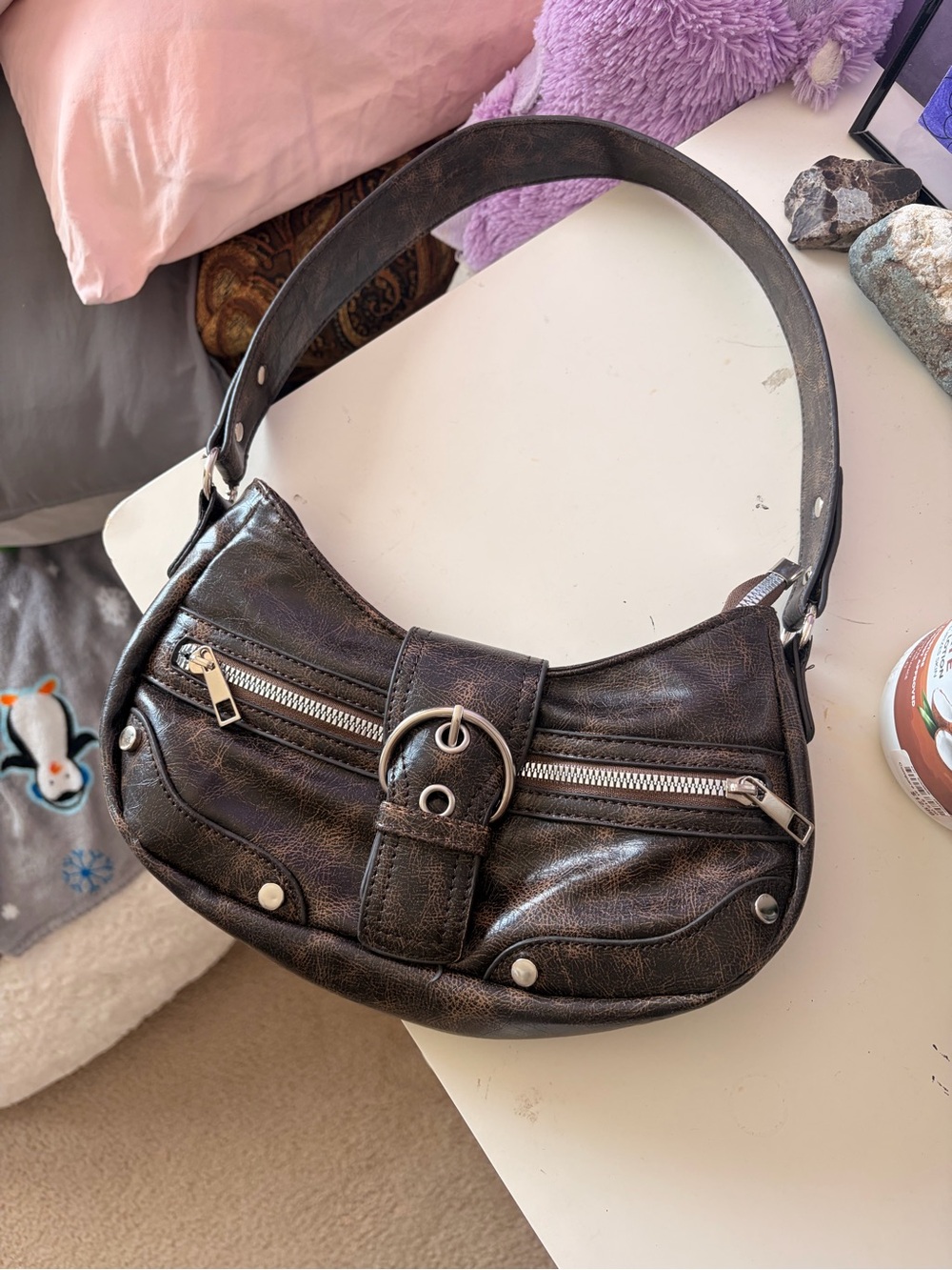 Classic Black Leather Crescent Shoulder Bag with Silver Hardware